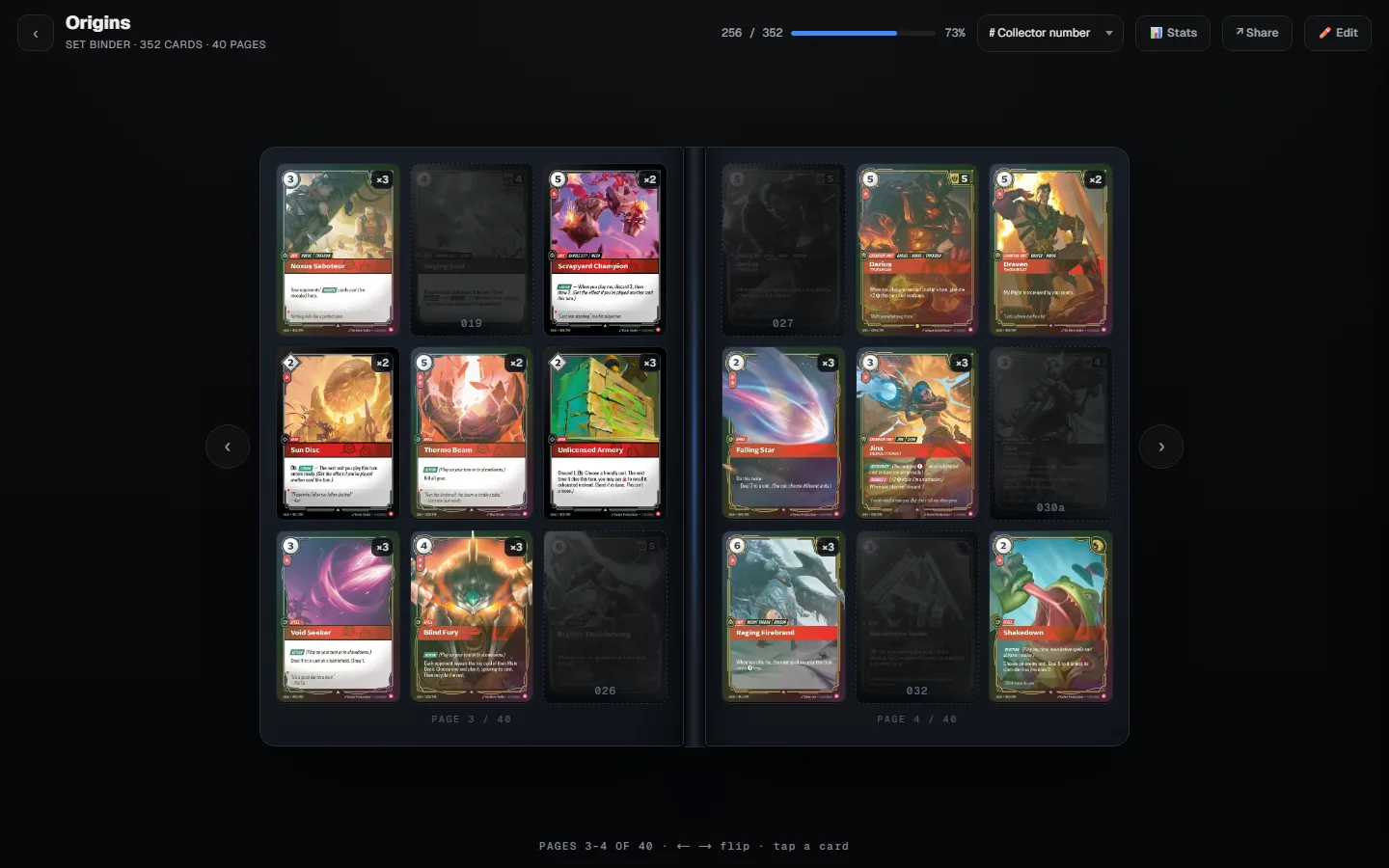 Runebinder collection binder view on desktop